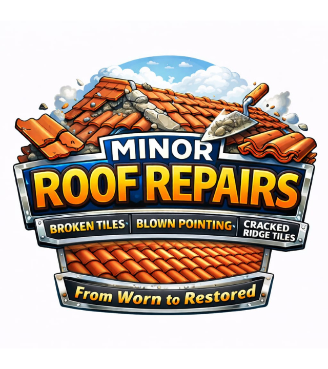 Graphic illustration of a roof with tiles and text “Minor Roof Repairs” highlighting broken tiles, blown pointing, and cracked ridge tiles