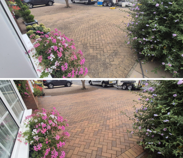 Before and after driveway paving cleaning showing a worker’s van and brick driveway with blooming flowers at the entranc